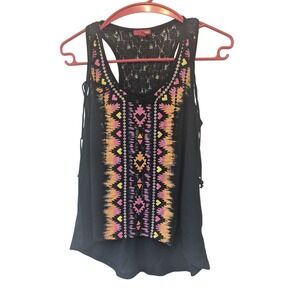 Vintage Bongo Tank Top Racerback Lace Trim and bead detail Black L